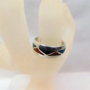 Southwestern 925 Sterling Silver Turquoise Coral Chip Inlay Band Ring Sz 8.5